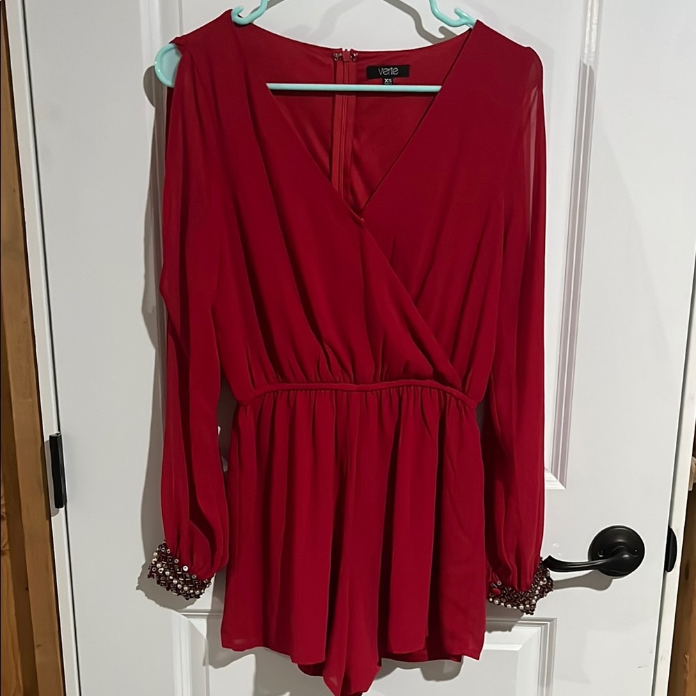 Chic Red Wrap Long Sleeve Embellished romper